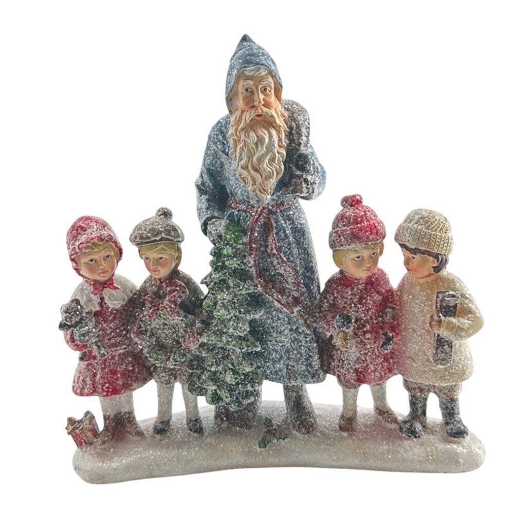 Old World Father Christmas Santa Figurine with 4 Children – Blue Coat Glitter